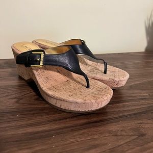 Ralph Lauren Wedges Sandals, Cork 3 inch Heel Wedges Sandal Black Buckle Leather